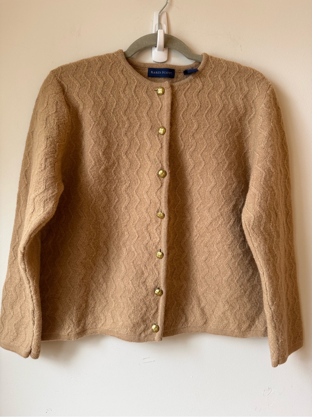 Karen Scott Wool Camel Cardigan textured knit gold tone buttons boxy fit